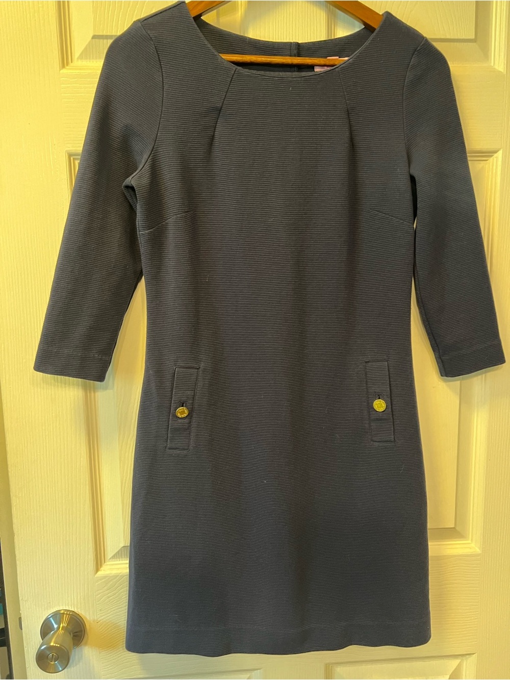 Lilly Pulitzer Navy Blue Three-Quarter Sleeve Shift Dress with Gold Buttons